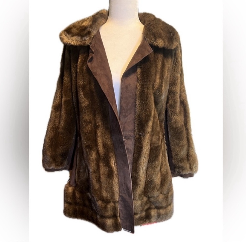Brown Faux Fur Coat with Suede Trim - Women's Jacket & Coat